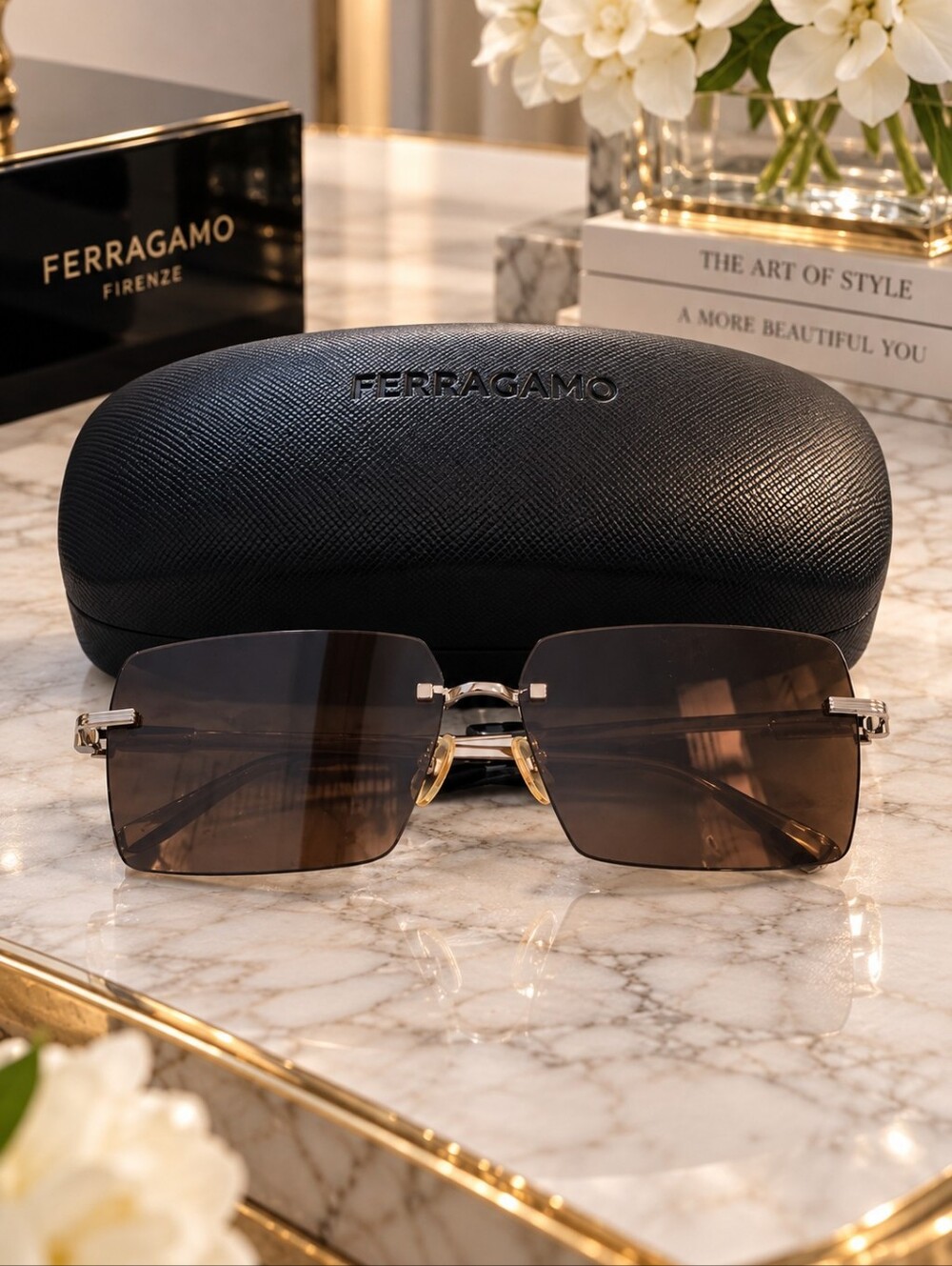 Ferragamo SF311S Rimless Rectangular Sunglasses Brown Silver 60mm NWT